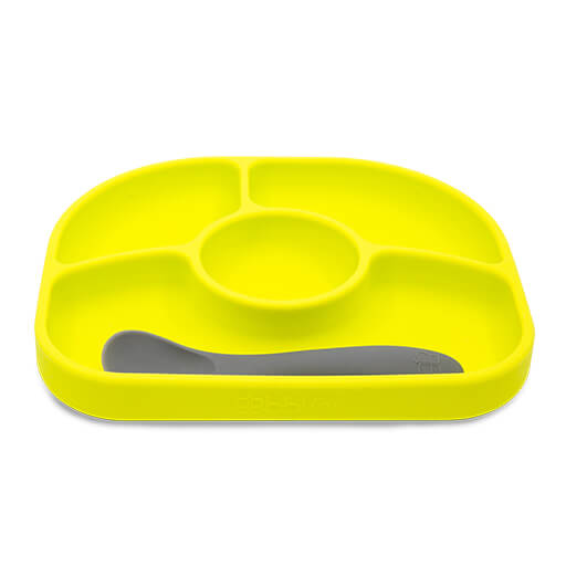 Bblüv Yümi Silicone Baby Plate & Spoon Set - Suction Base, 4 Compartments (Lime)